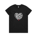 Women's black t-shirt with heart shaped 'Fight heart disease' message drawing centre front displayed on white background.
