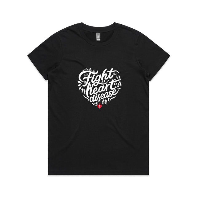 Women's black t-shirt with heart shaped 'Fight heart disease' message drawing centre front displayed on white background.