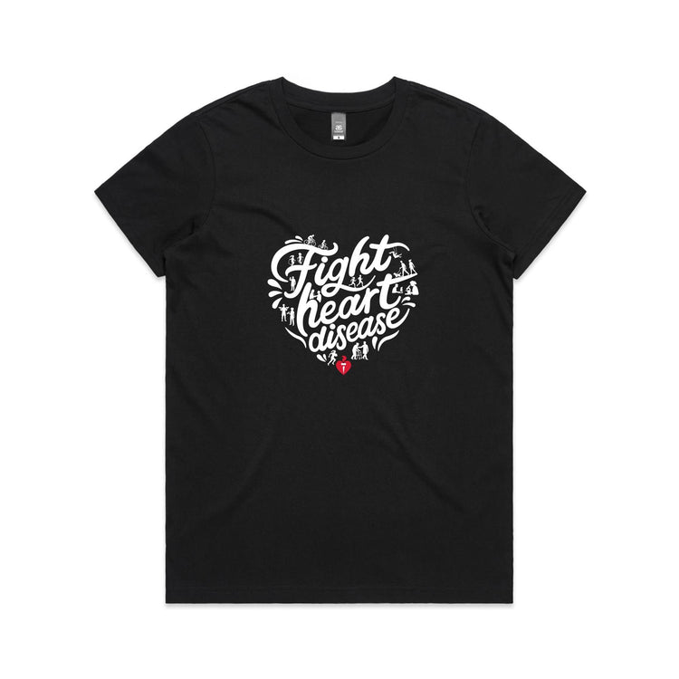 Women's black t-shirt with heart shaped 'Fight heart disease' message drawing centre front displayed on white background.