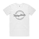 Heart Foundation mens white organic cotton t-shirt featuring Saving Hearts design in black print.