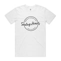 Heart Foundation mens white organic cotton t-shirt featuring Saving Hearts design in black print.