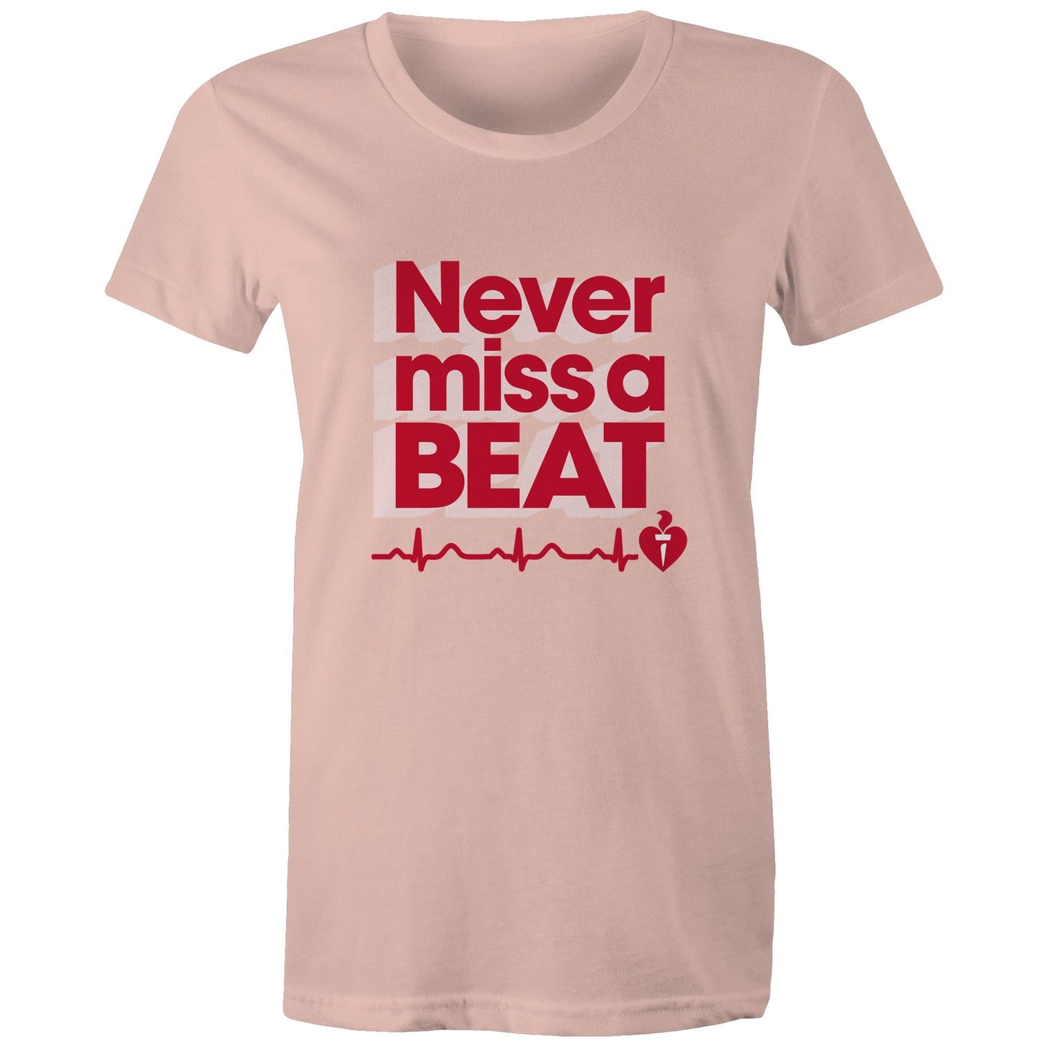 Pale pink Heart Foundation women's t-shirt featuring heartbeat line and Never miss a BEAT tag line printed in red.