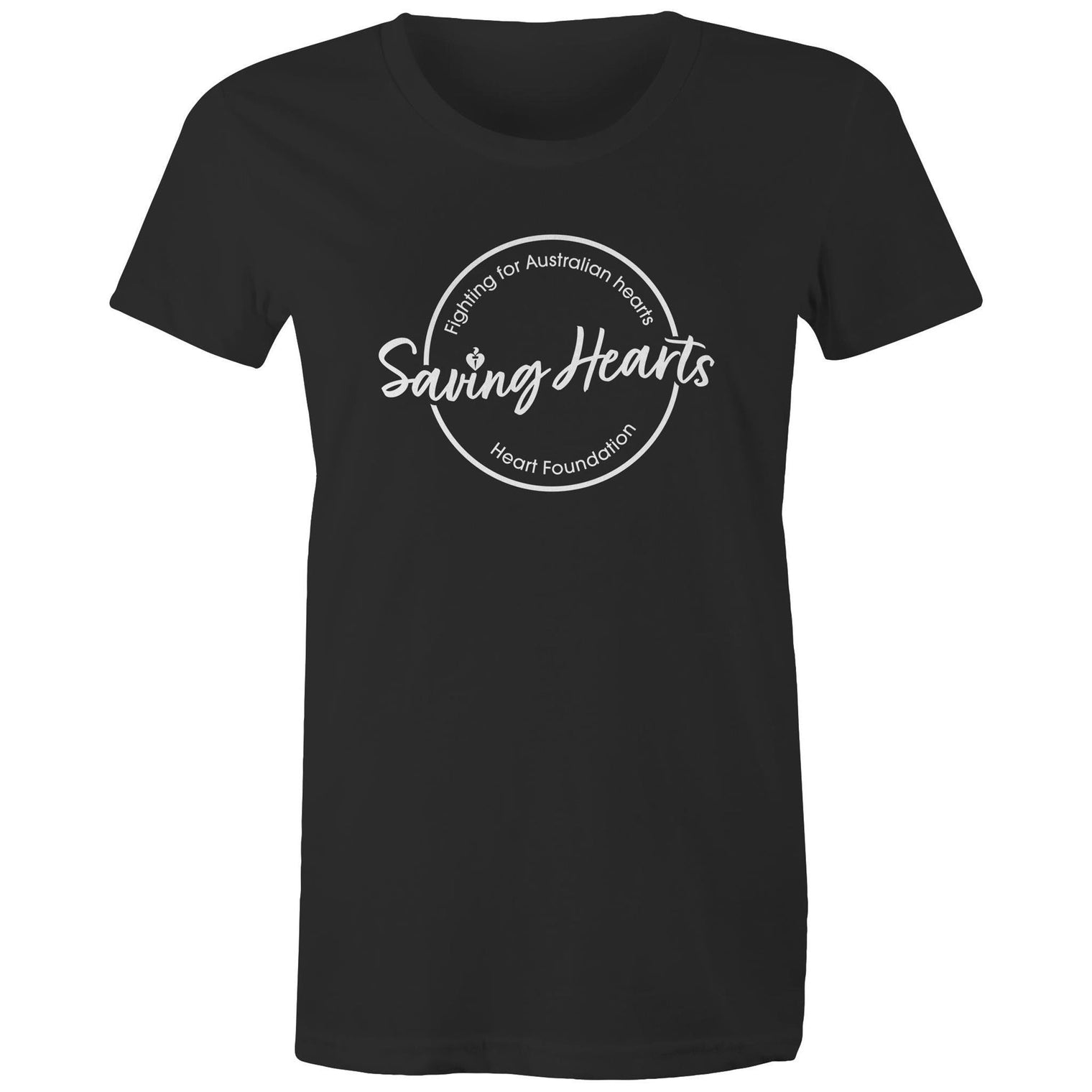 Heart Foundation women's black organic cotton t-shirt featuring Saving Hearts design in white print.