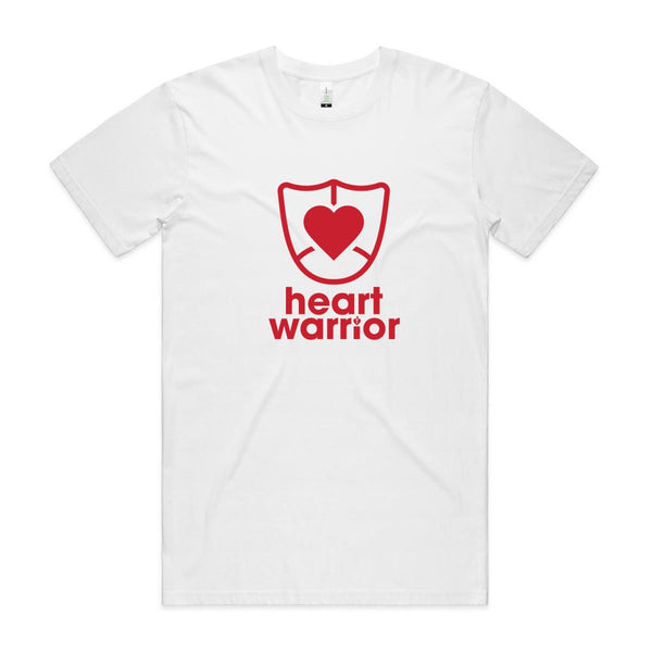 Heart Foundation white organic cotton t-shirt featuring Heart Warrior design in red print.