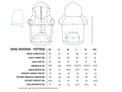 Measurement chart for a dog hoodie with dimensions labeled