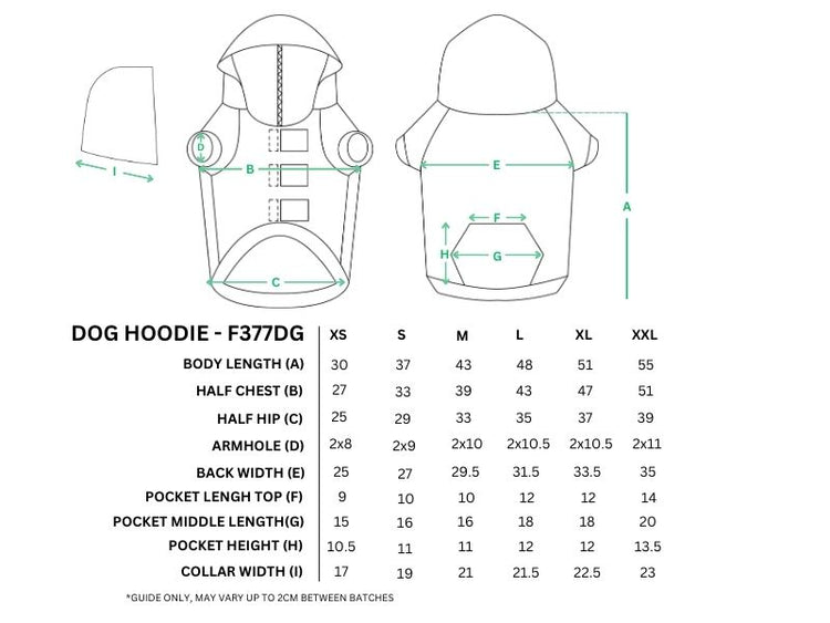 Measurement chart for a dog hoodie with dimensions labeled