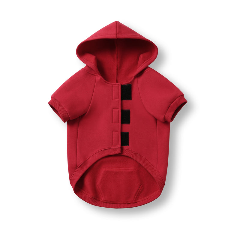 Red dog hoodie, showing front with velcro closure. Featured on a white background.