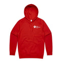 Red hoodie featuring white Heart Foundation Walking logo left chest