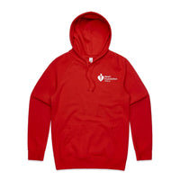 Red hoodie featuring white Heart Foundation Walking logo left chest