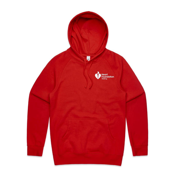 Red hoodie featuring white Heart Foundation Walking logo left chest