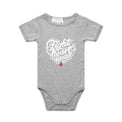 Grey marle baby onesie with a white heart-shaped “Fight heart disease” design, featured on white background.