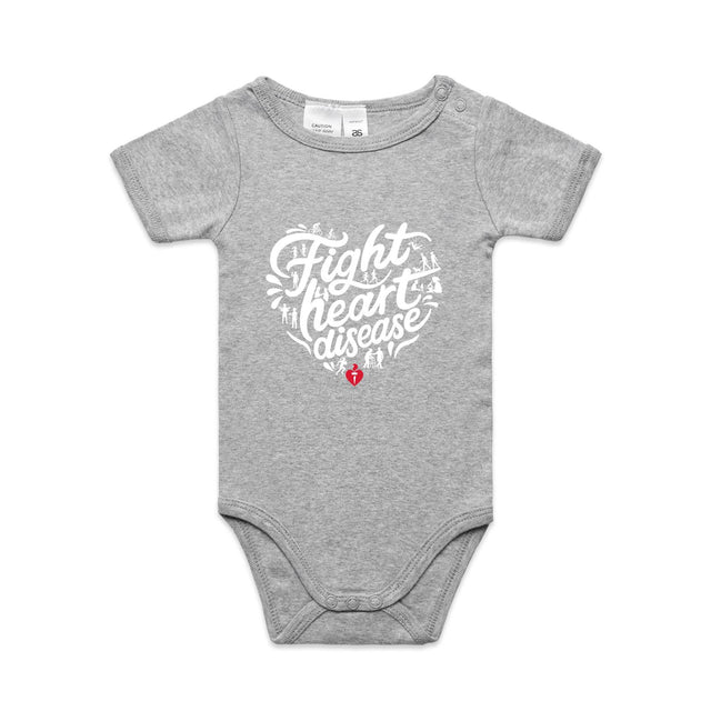 Grey marle baby onesie with a white heart-shaped “Fight heart disease” design, featured on white background.