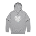 Front view of a grey marle unisex hoodie with a white heart-shaped “Fight heart disease” design and kangaroo pocket.