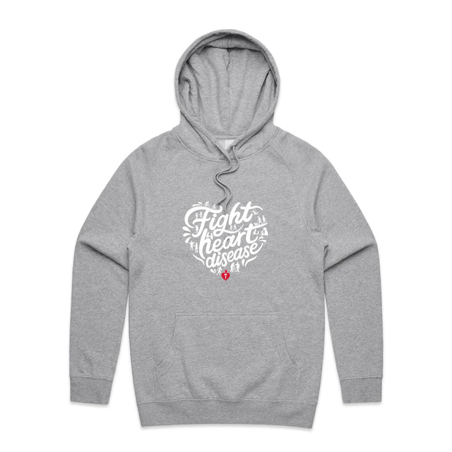 Front view of a grey marle unisex hoodie with a white heart-shaped “Fight heart disease” design and kangaroo pocket.