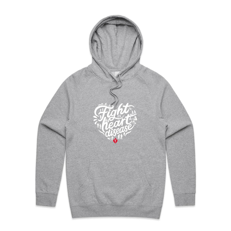 Front view of a grey marle unisex hoodie with a white heart-shaped “Fight heart disease” design and kangaroo pocket.