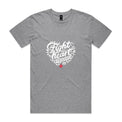 Grey marle unisex t-shirt with heart shaped 'Fight heart disease' message drawing centre front displayed on white background.