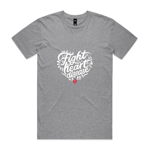 Grey marle unisex t-shirt with heart shaped 'Fight heart disease' message drawing centre front displayed on white background.