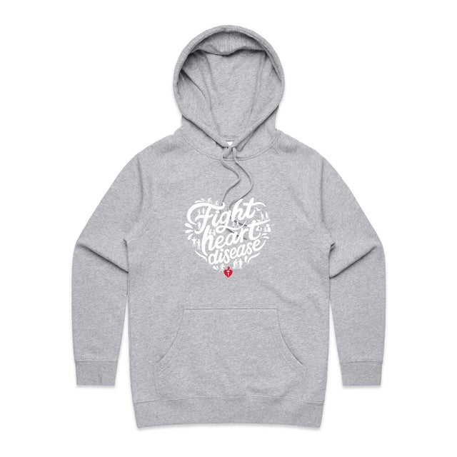 Women's grey marle hoodie with heart shaped 'Fight heart disease' message drawing centre front displayed on white background.