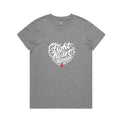 Women's grey marle t-shirt with heart shaped 'Fight heart disease' message drawing centre front displayed on white background.