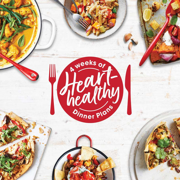 Assorted heart-healthy meals on a white surface with '4 Weeks of Heart Healthy Dinner Plans' logo.