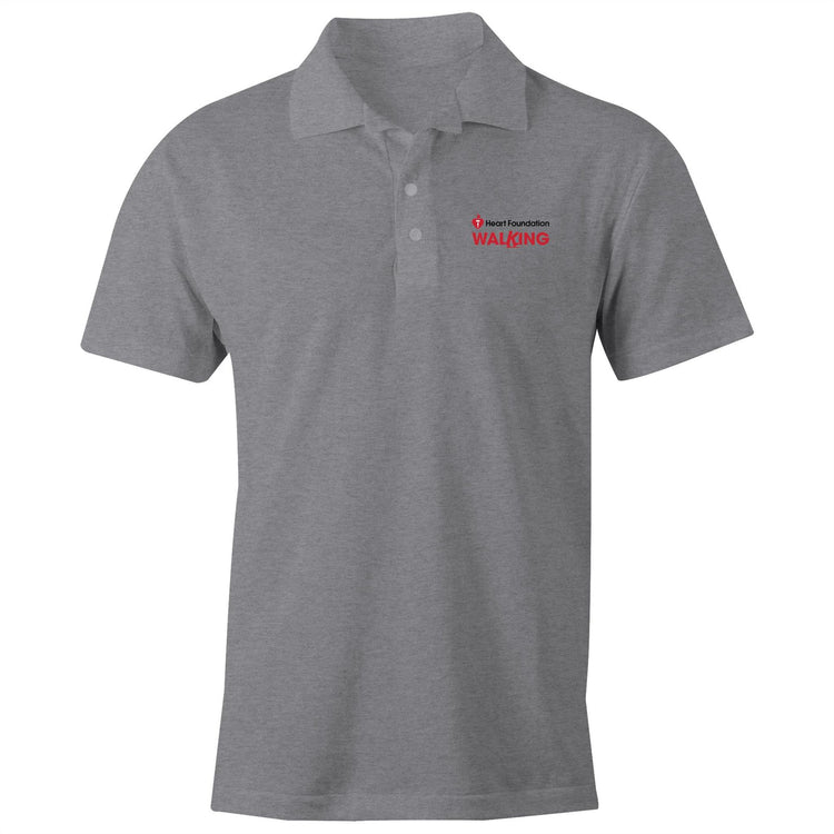 Unisex fit grey marle polo shirt featuring white Heart Foundation Walking logo on left chest.