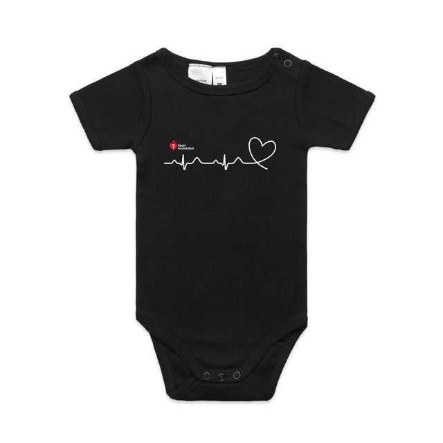 Black infant onesie with heartbeat line logo featured on white background.