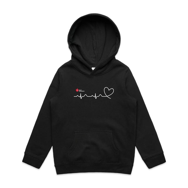 Black kids hoodie with heartbeat line print featured on white background.