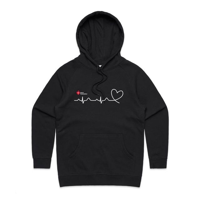 Ladies black hoodie with heartbeat line print featured on white background.