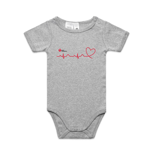 Grey marle infant onesie with heartbeat line logo featured on white background.