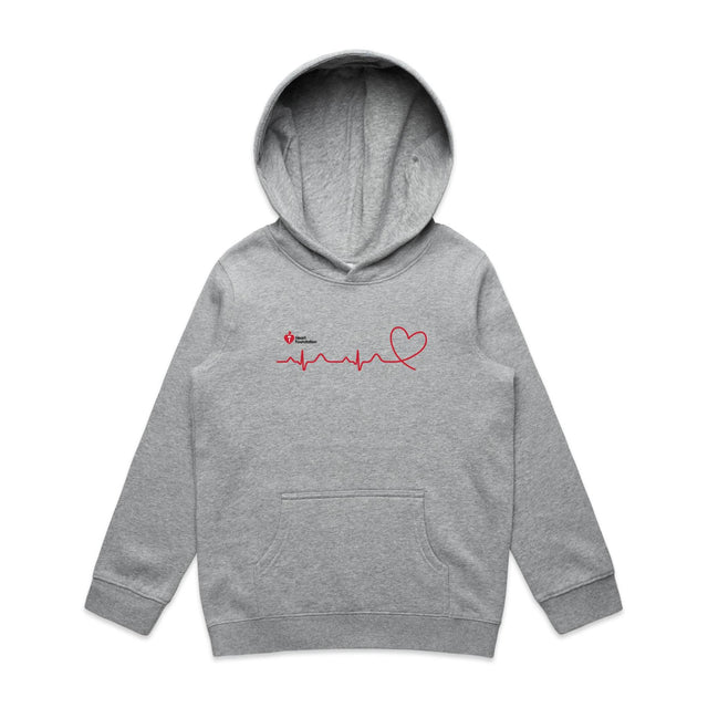 Grey marle kids hoodie with heartbeat line print featured on white background.
