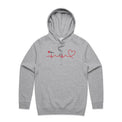 Grey marle unisex adults hoodie with heartbeat line print featured on white background.