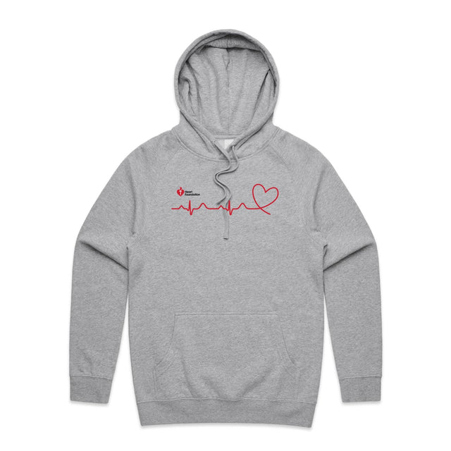 Grey marle unisex adults hoodie with heartbeat line print featured on white background.