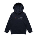 Navy kids hoodie with heartbeat line print featured on white background.