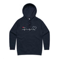 Ladies navy hoodie with heartbeat line print featured on white background.