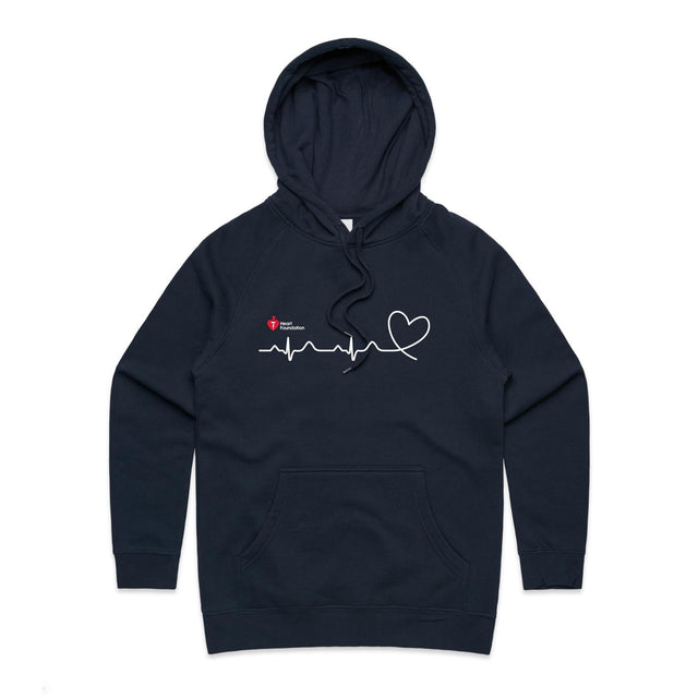 Ladies navy hoodie with heartbeat line print featured on white background.