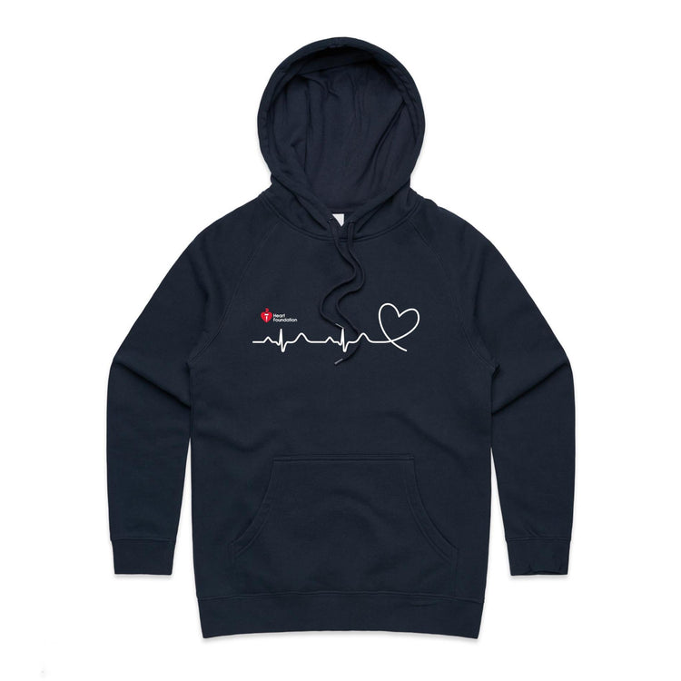 Ladies navy hoodie with heartbeat line print featured on white background.