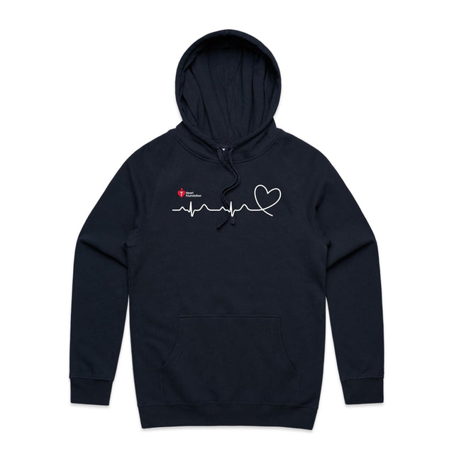 Navy unisex adults hoodie with heartbeat line print featured on white background.