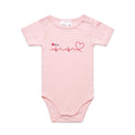 Pink infant onesie with heartbeat line logo featured on white background.