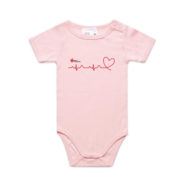 Pink infant onesie with heartbeat line logo featured on white background.