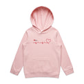 Pink kids hoodie with heartbeat line print featured on white background.