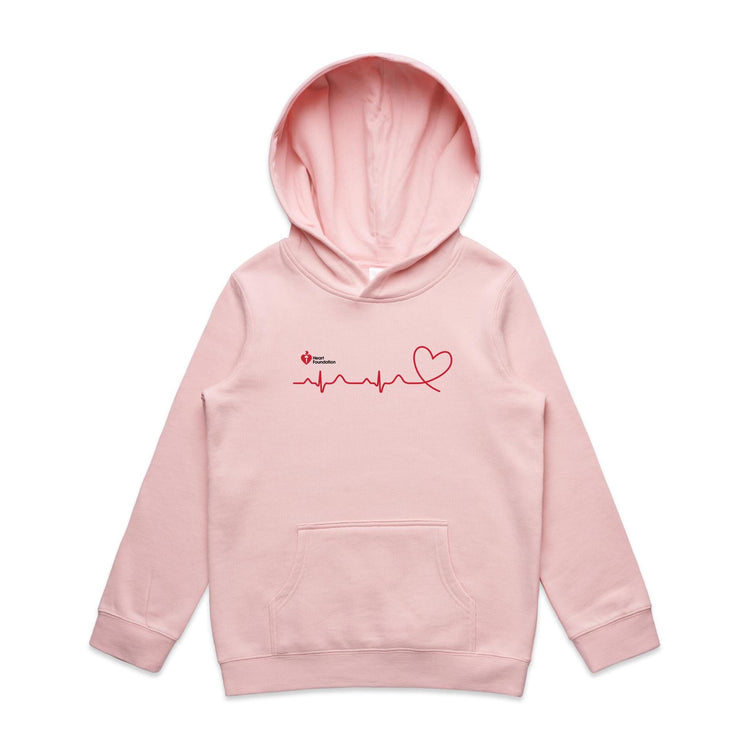Pink kids hoodie with heartbeat line print featured on white background.