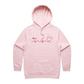 Ladies pink hoodie with heartbeat line print featured on white background.