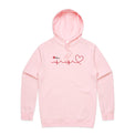 Pink unisex adults hoodie with heartbeat line print featured on white background.