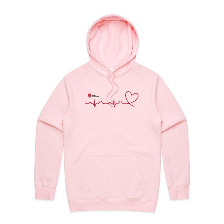 Pink unisex adults hoodie with heartbeat line print featured on white background.