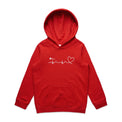 Red kids hoodie with heartbeat line print featured on white background.