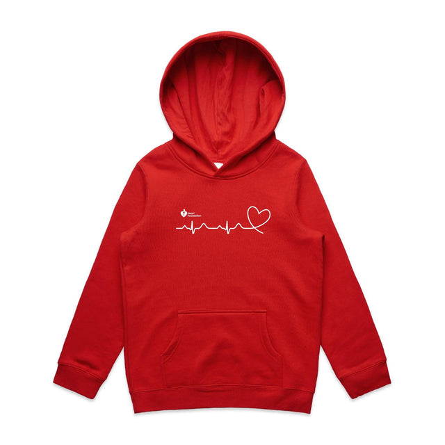Red kids hoodie with heartbeat line print featured on white background.