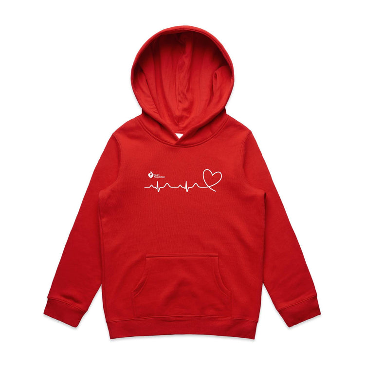 Red kids hoodie with heartbeat line print featured on white background.