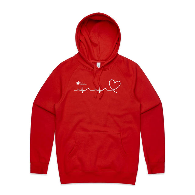 Red unisex adults hoodie with heartbeat line print featured on white background.