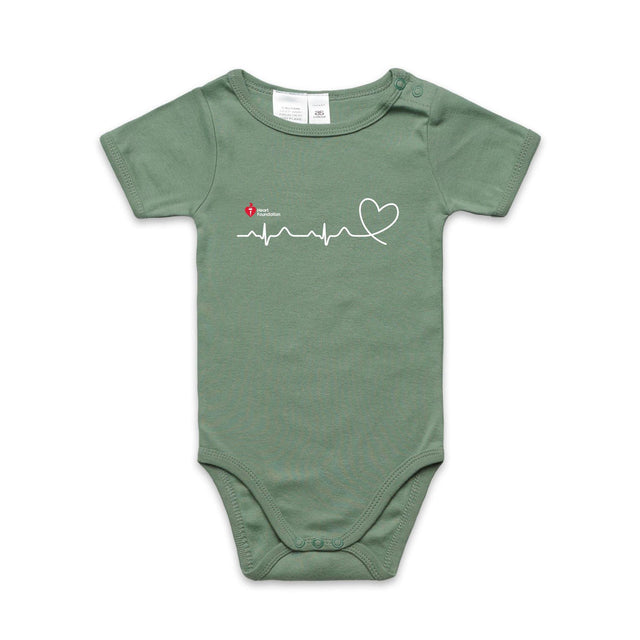 Sage infant onesie with heartbeat line logo featured on white background.