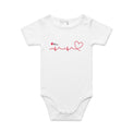 White infant onesie with heartbeat line logo featured on white background.